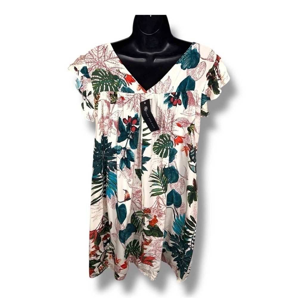 New Small Kara And Kate Floral Tunic Top Short Ruffle Sleeve Vneck White Green
